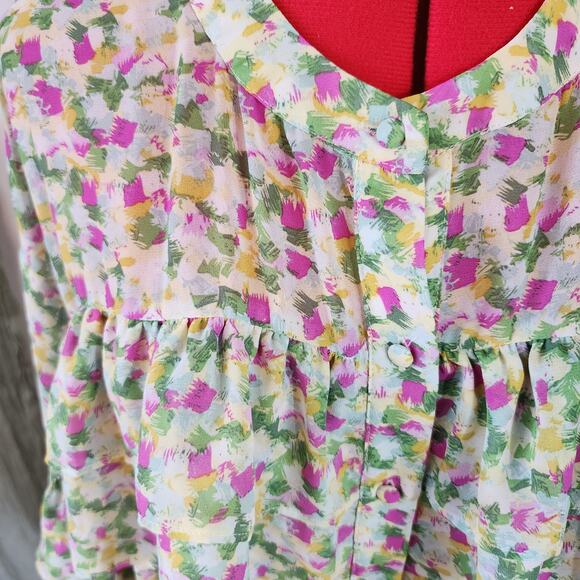 Green and Pink Ruffle Long Sleeve Button Up Oversize Woman's Blouse Size XL - Picture 2 of 6
